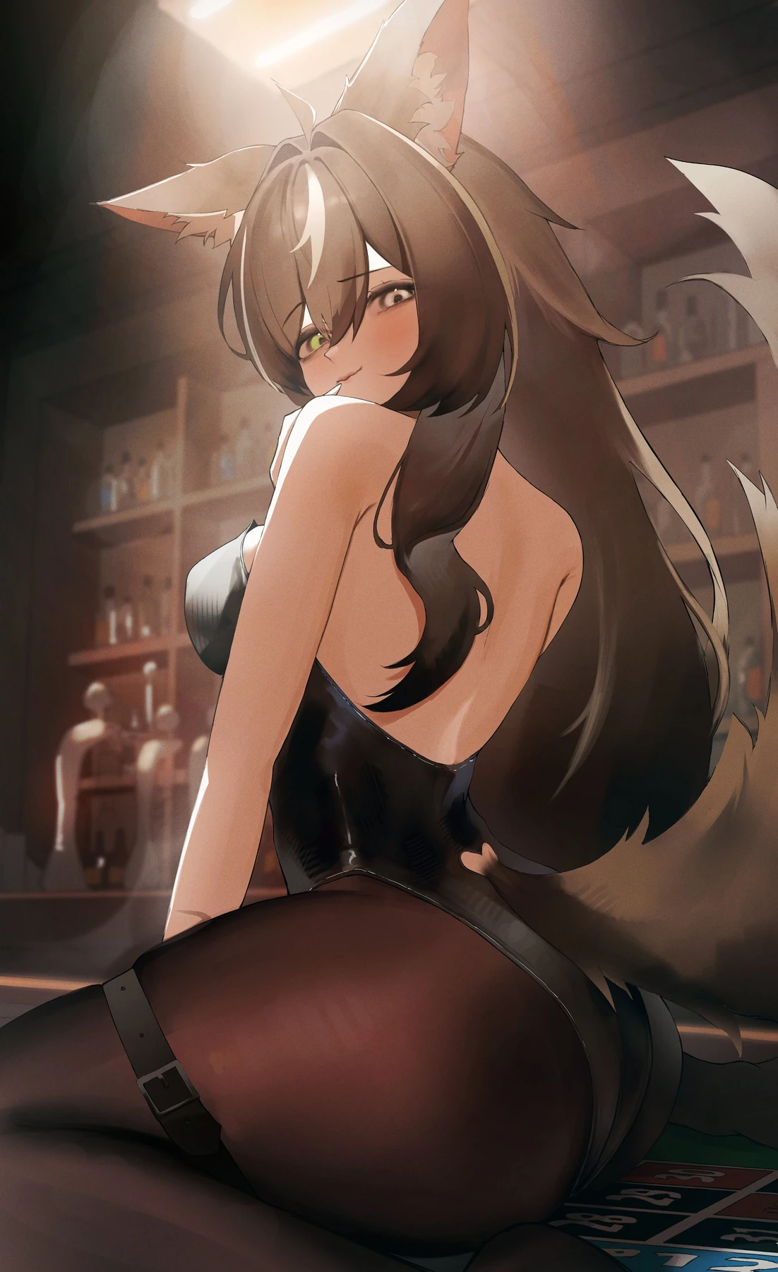 Animal-eared character in a black dress, backlit in a warm interior