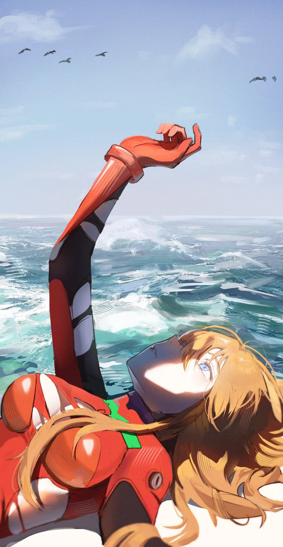 Orange-haired character in a red suit beside the sea