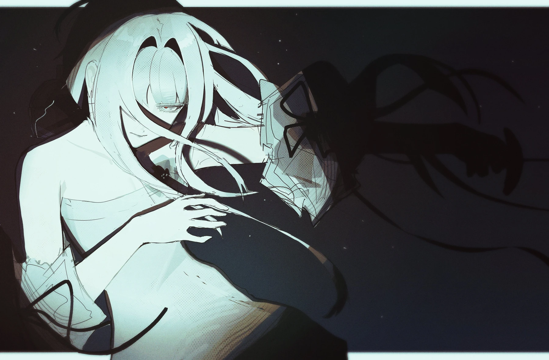 Pale-haired character in a dark, blue-lit scene