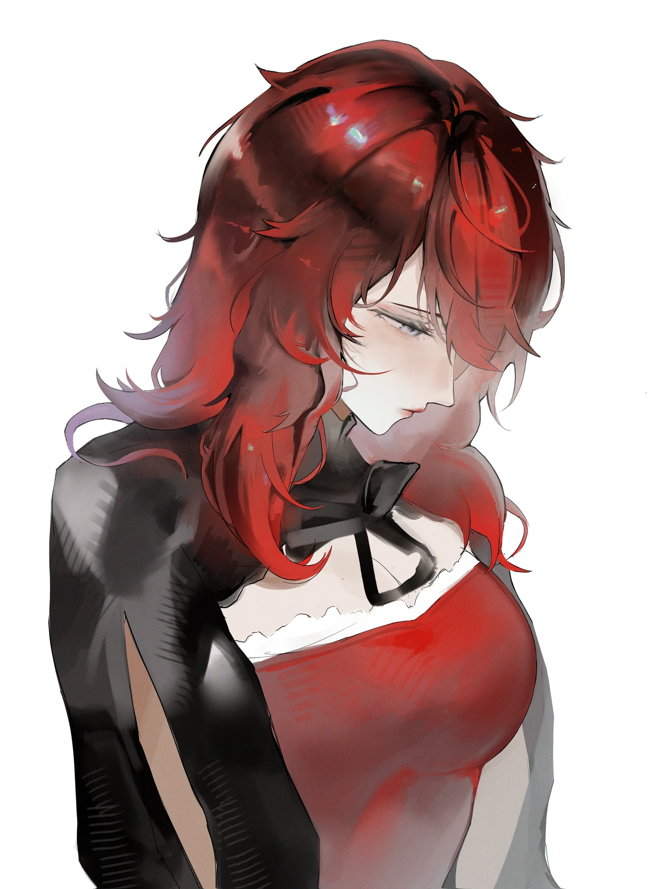 Red-haired character in a red and black outfit