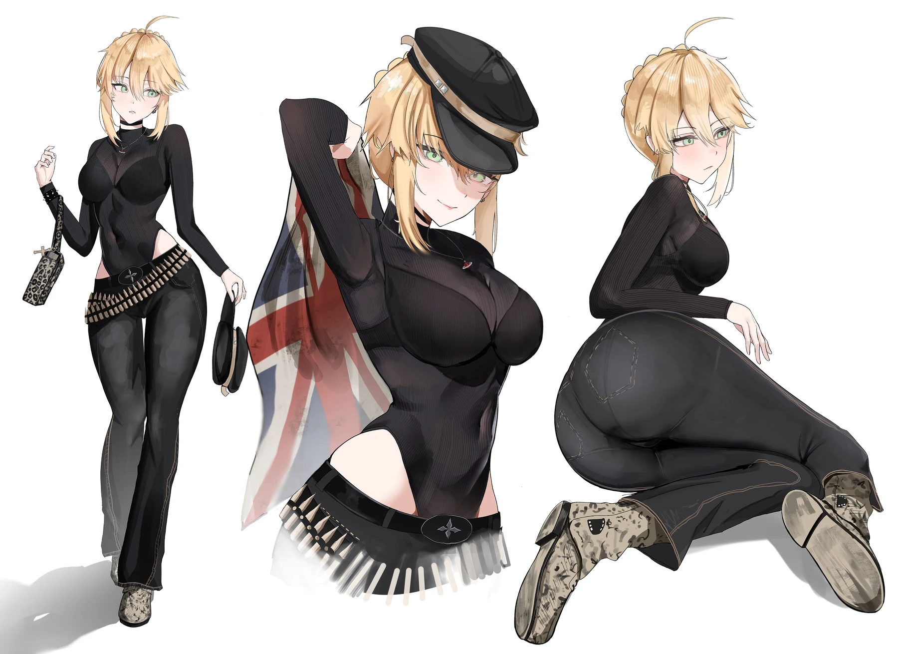 Character design sheet with three views of a blonde character