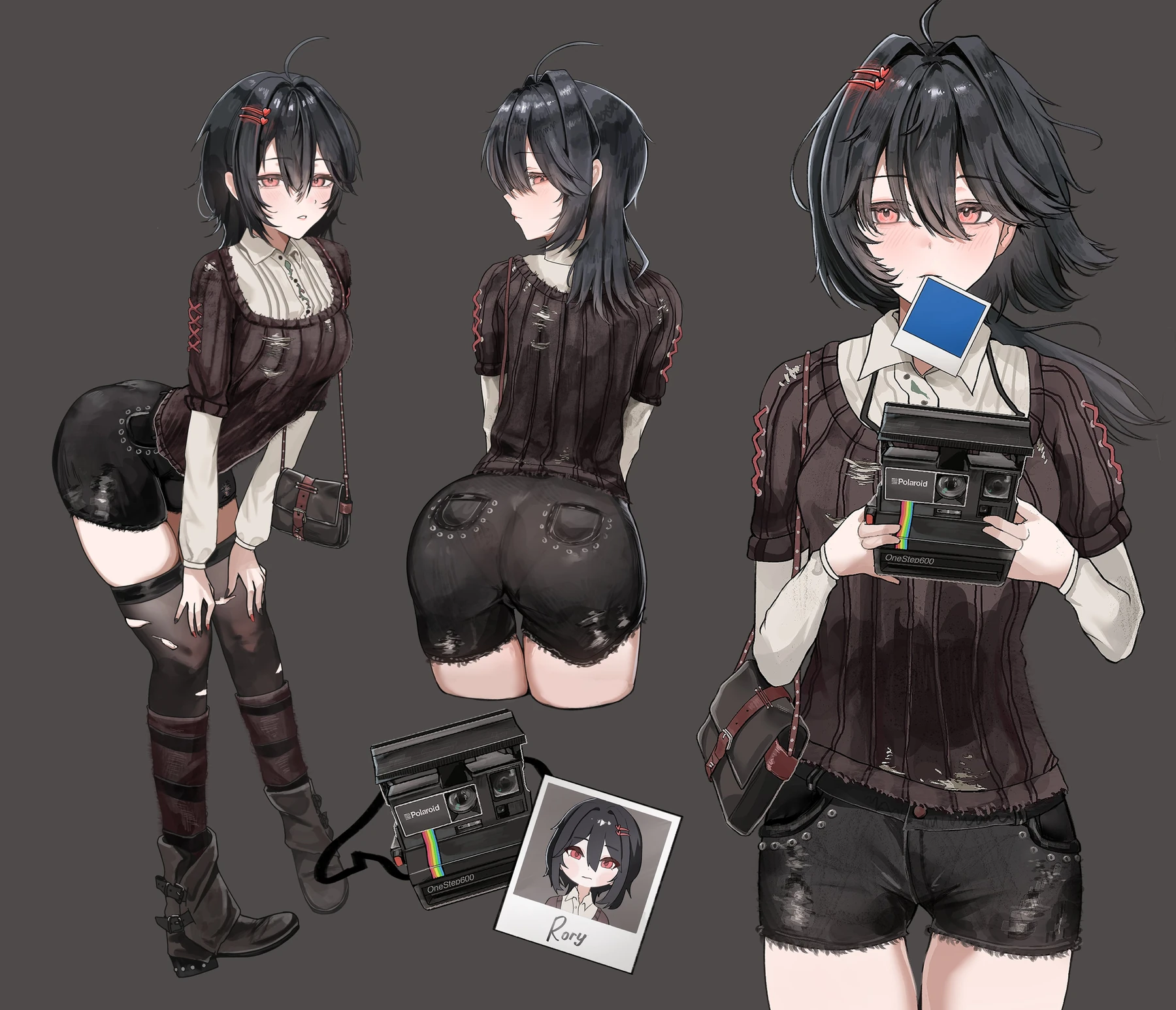 Character design sheet showing a dark-haired character in black